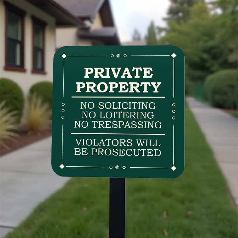 Green private property, no soliciting. loitering or trespassing sign reading Violators will be prosecuted on a yard stake