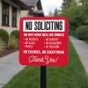 Red No soliciting  yard sign in bold text. Do not ring bell or knock. No excuses, No exceptions, thank you in white text