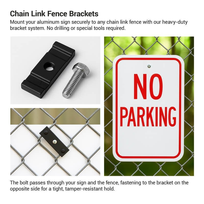 How fence brackets work for aluminum signs with a No Parking sign hung on a fence