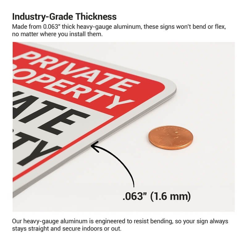 The thickness of the aluminum sign compared to a penny being 1.6 mm thick