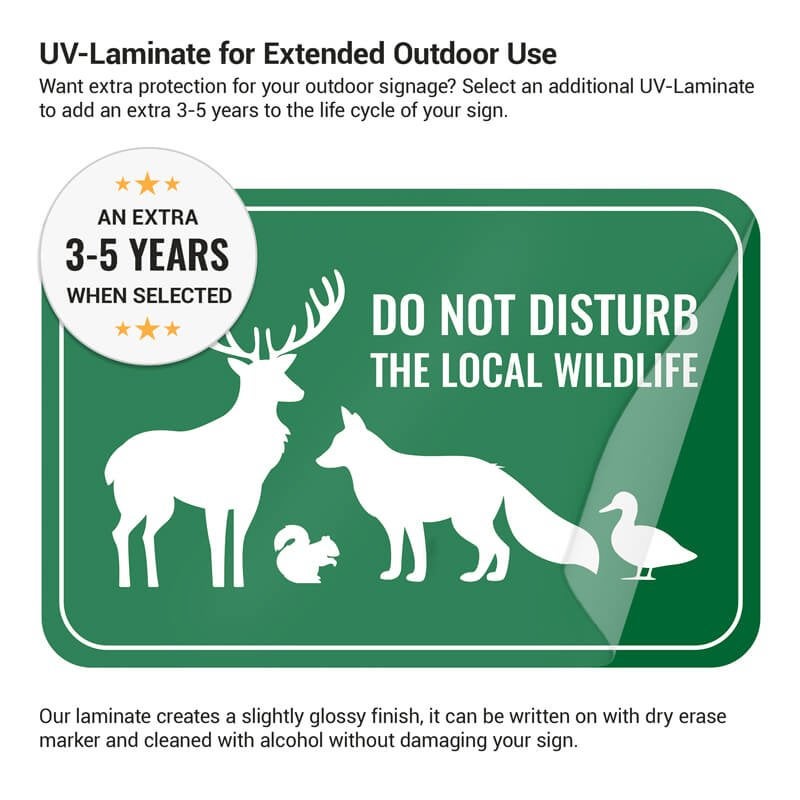 Green wildlife sign with UV-laminate overlay, extending sign life by 3–5 years for outdoor use.