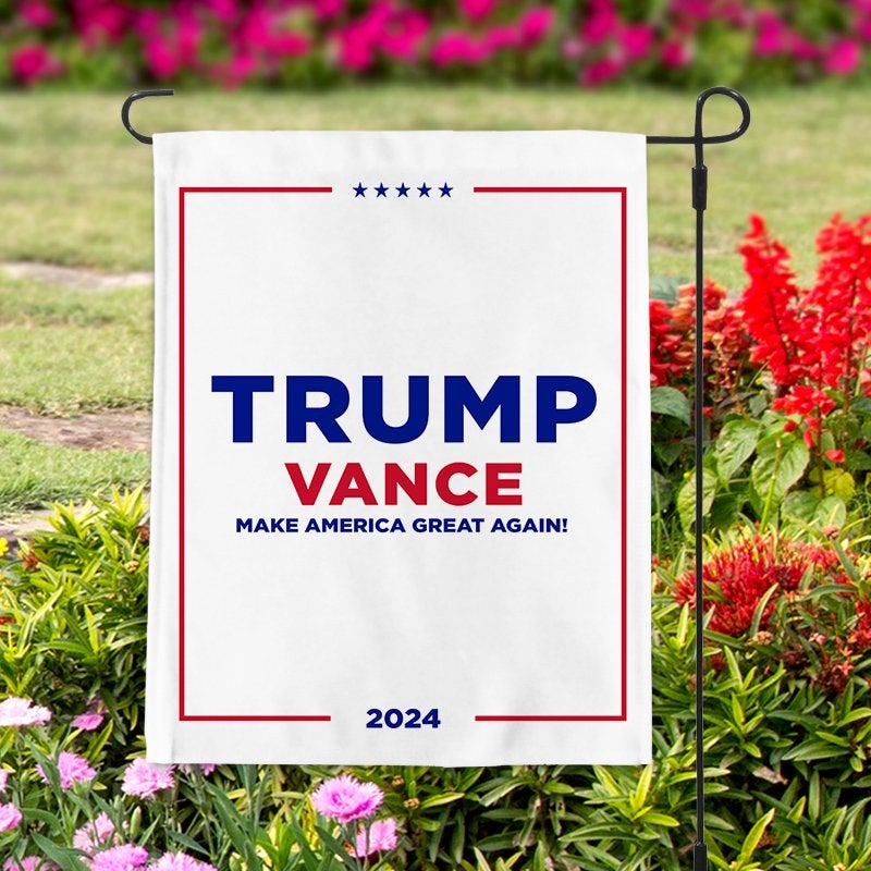 Trump Vance White Garden Flag in yard