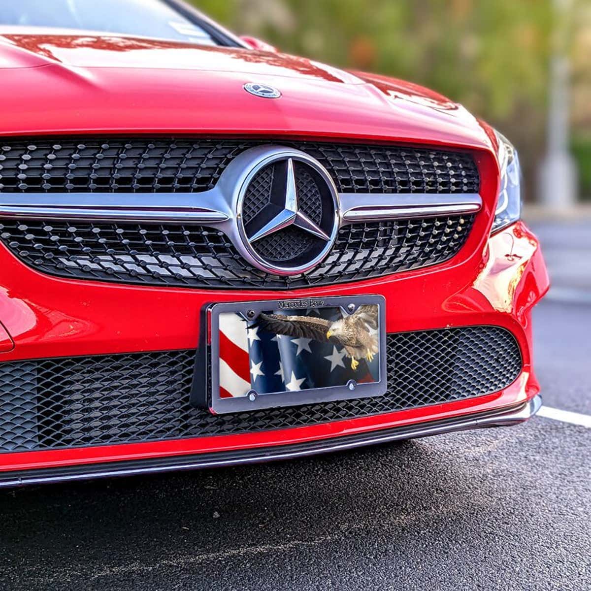 American Flag and Eagle front license plate on a red car