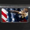 A close up of the American Flag and Eagle front license plate on a black car