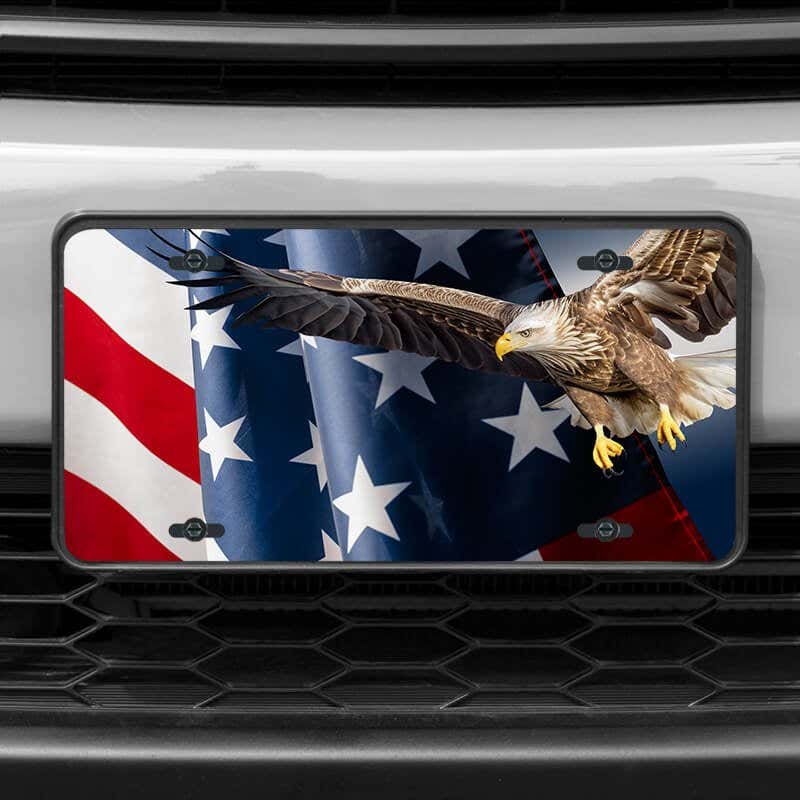 A close up of the American Flag and Eagle front license plate on a white car