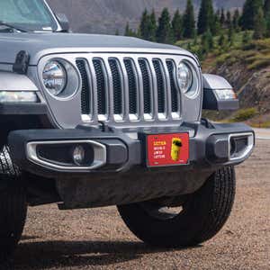 Low On Caffeine front license plate on a Jeep