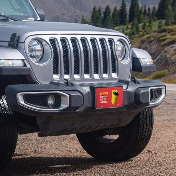 Low On Caffeine front license plate on a Jeep