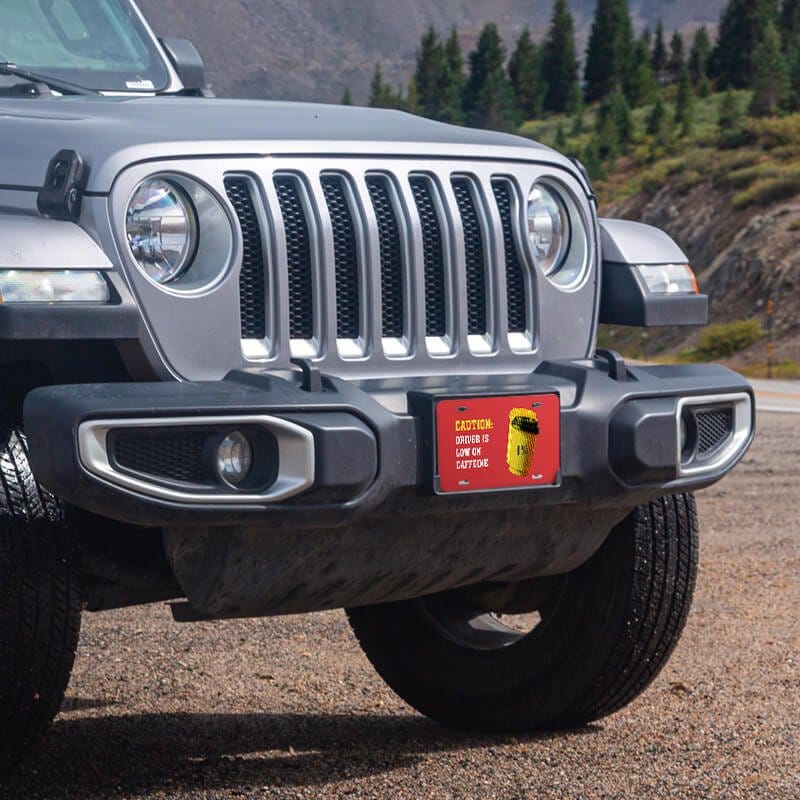 Low On Caffeine front license plate on a Jeep