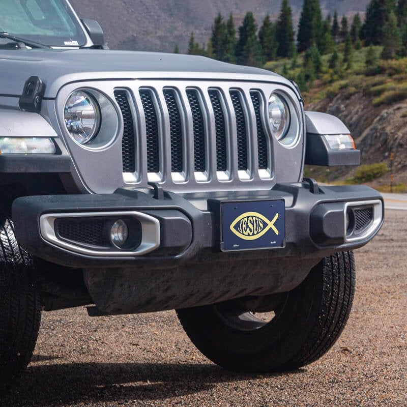 Jesus Fish Ichthys front license plate on a Jeep