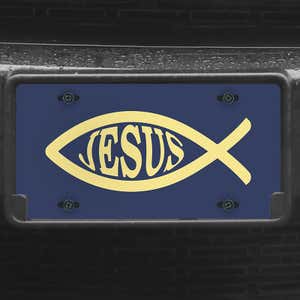 A close up of the Jesus Fish Ichthys front license plate on a black car