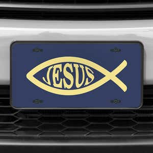 A close up of the Jesus Fish Ichthys front license plate on a white car