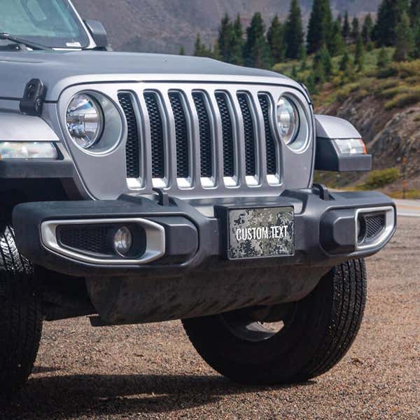 Custom Military Camo front license plate on a Jeep