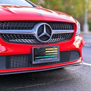 LGBTQ Pride American Flag front license plate on a red car