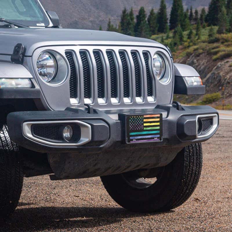 LGBTQ Pride American Flag front license plate on a Jeep
