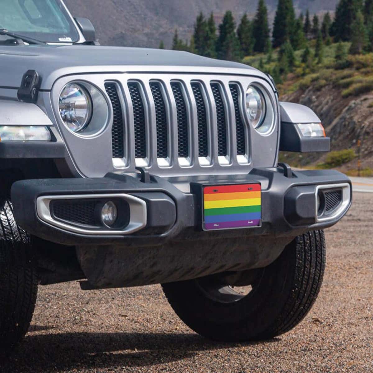 LGBTQ Pride front license plate on a Jeep