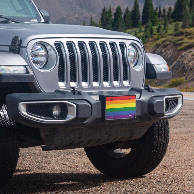 LGBTQ Pride front license plate on a Jeep