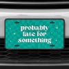 A close up of the Probably Late front license plate on a white car