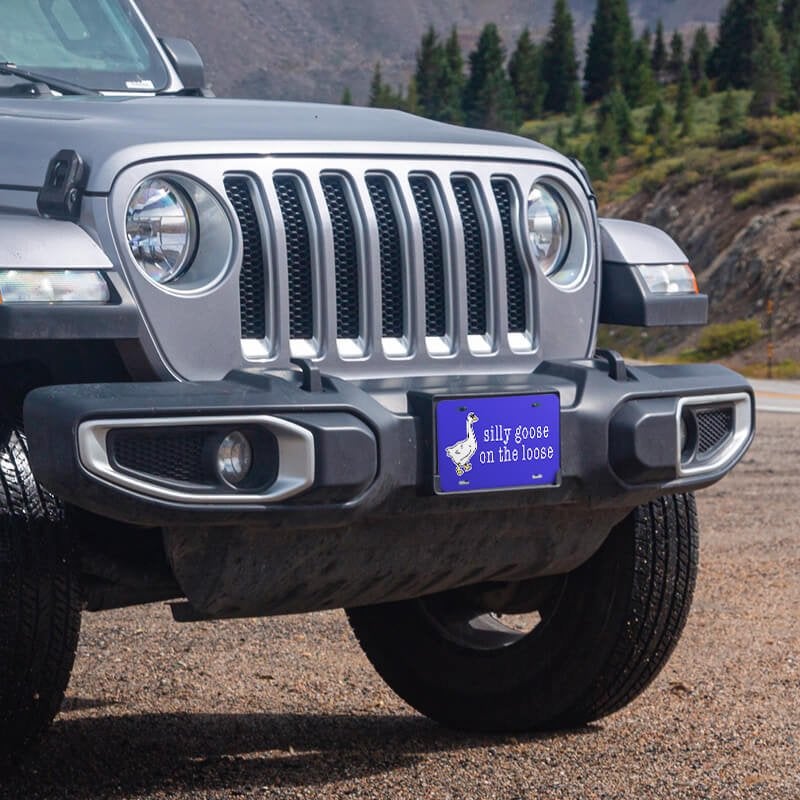 Silly Goose front license plate on a Jeep