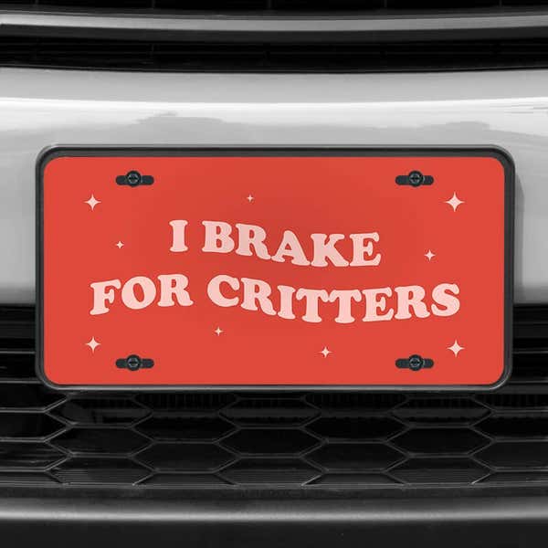A close up of the I Brake For Critters front license plate on a white car