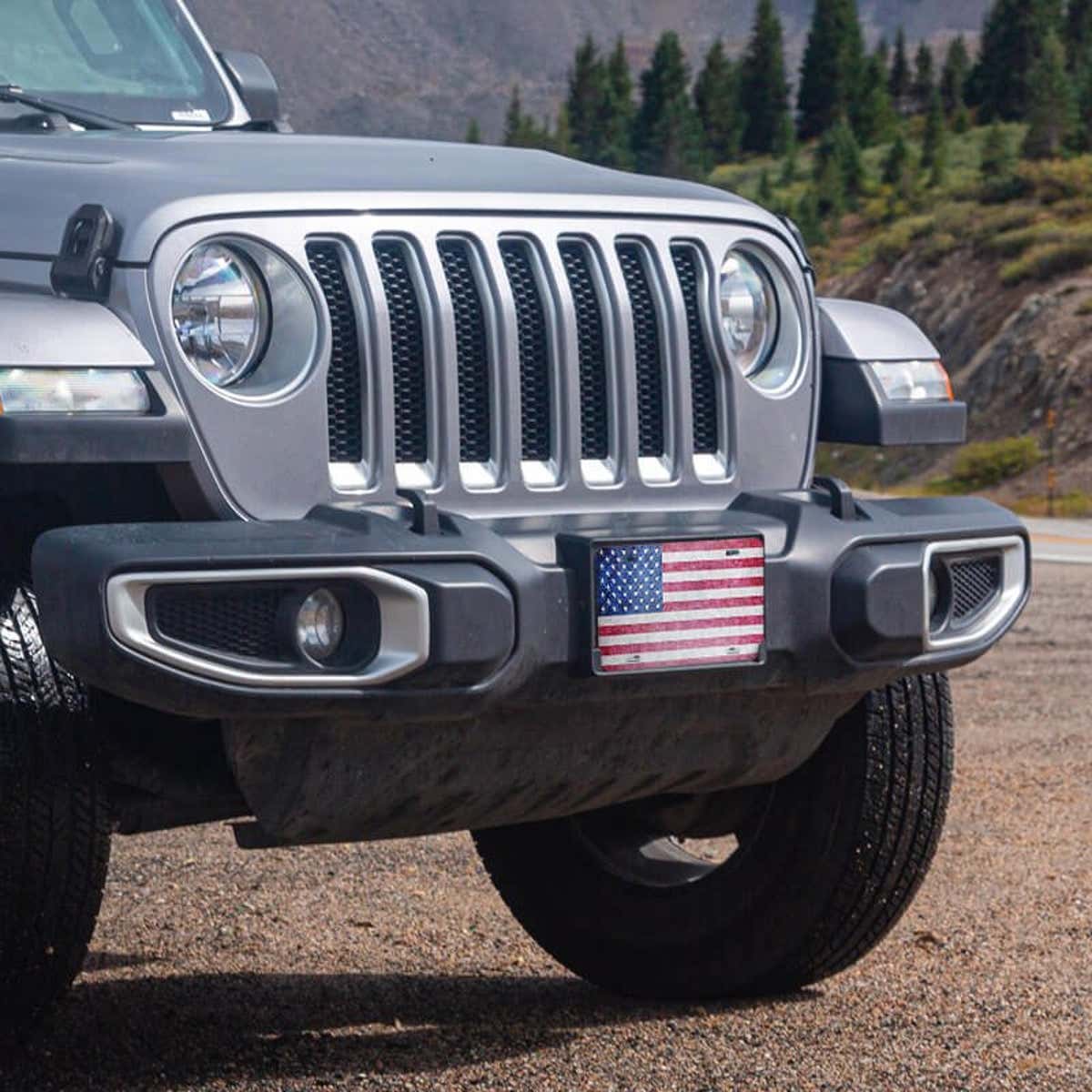 American Flag Patriotic front license plate on a Jeep