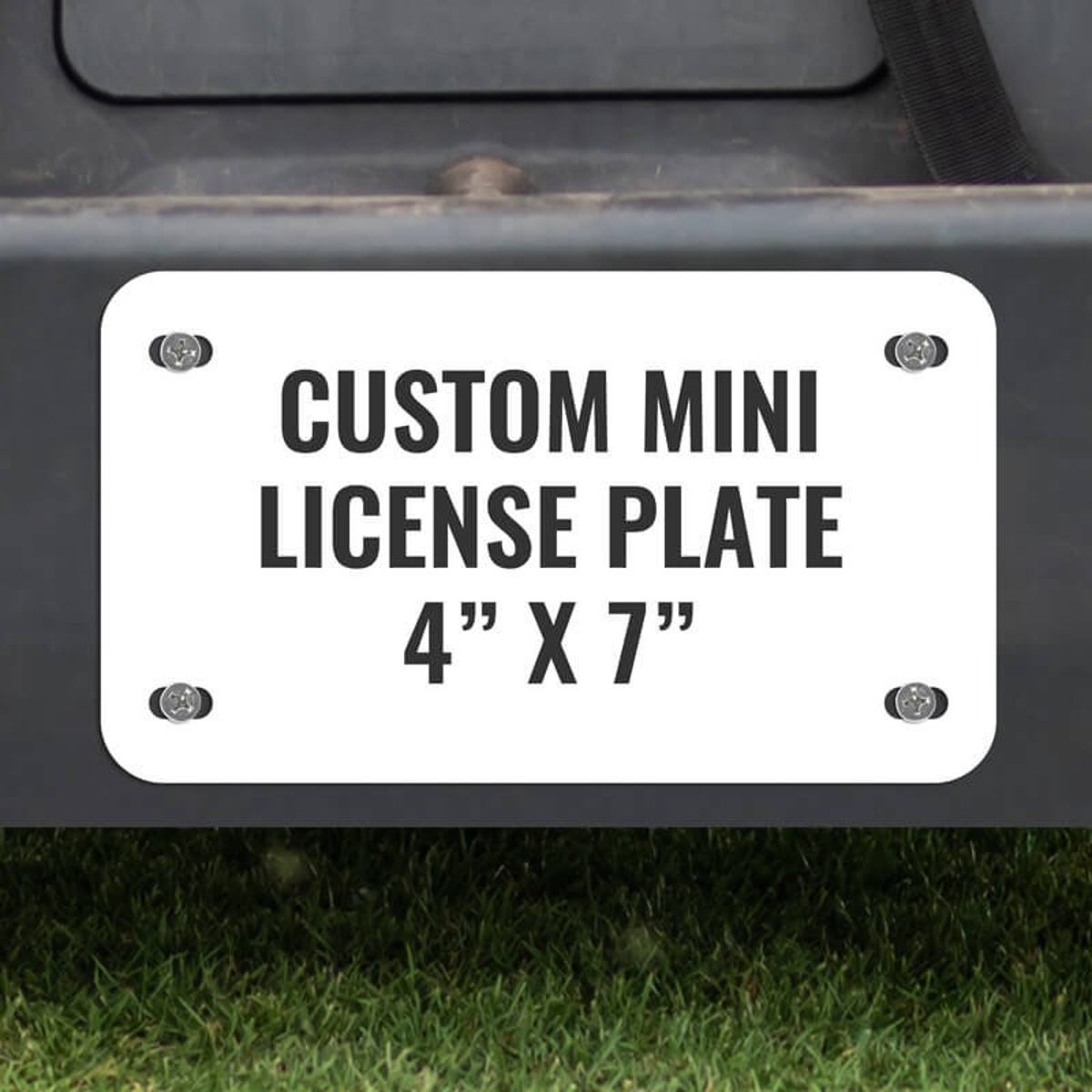 Custom Mini License Plate for Golf Carts 4x7 Shown on a Gold Cart