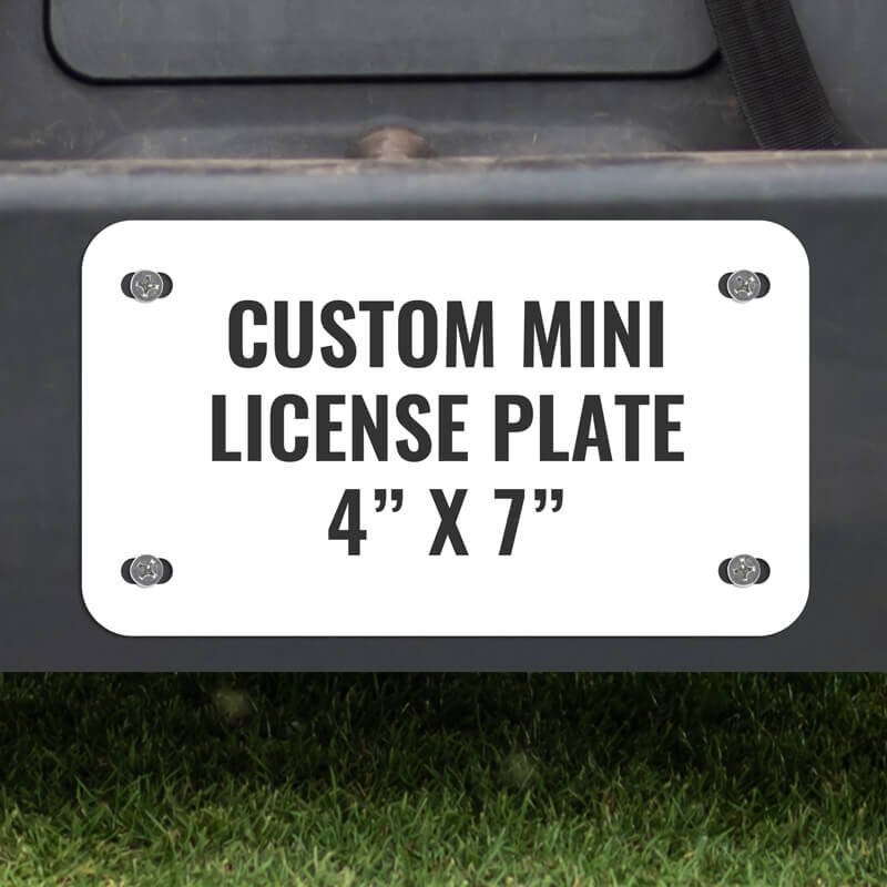 Custom Mini License Plate for Golf Carts 4x7 Shown on a Gold Cart