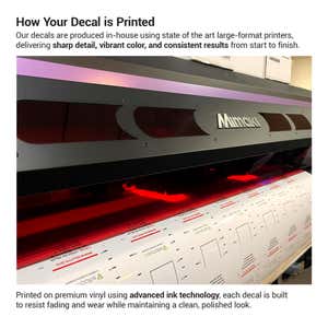The process of vinyl decals being printed on a large format printer with advanced ink technology
