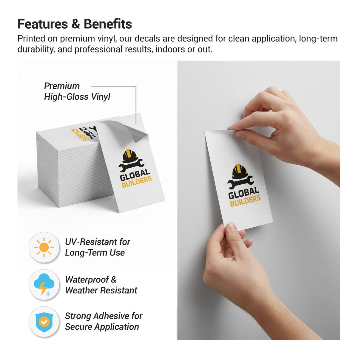 The features and benefits of the premium vinyl decals such as weatherproof, UV resistant, and strong adhesive