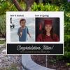 Baby photo custom graduation yard sign displayed next to a pathway