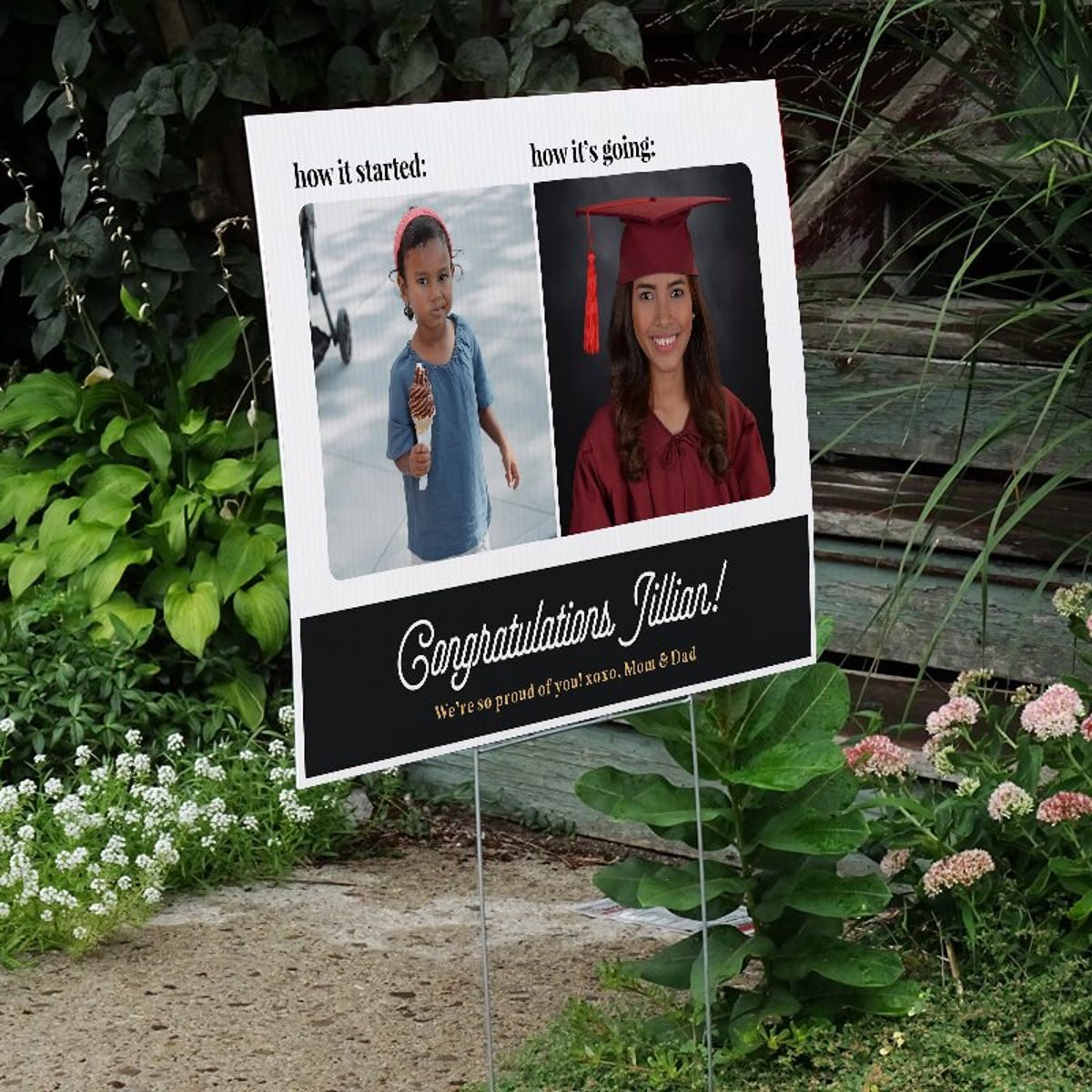 Baby photo custom graduation yard sign displayed next to stairs