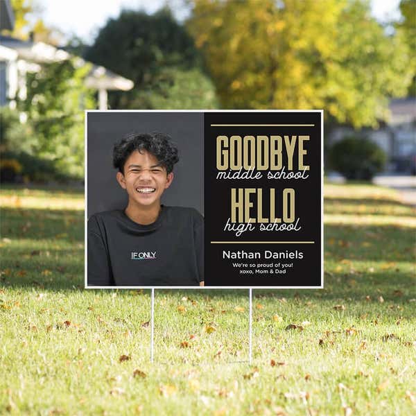 Goodbye middle school graduation yard sign displayed in a yard