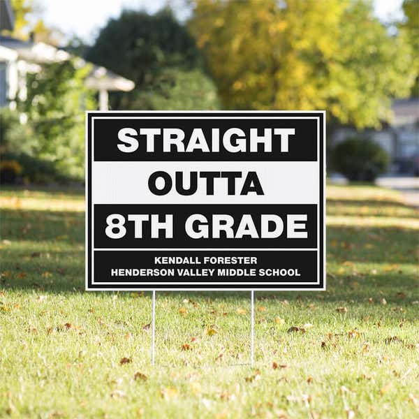 Straight Outta 8th Grade Graduation Yard Sign in a Sunny Yard