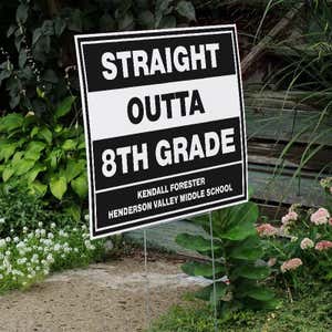 Straight Outta 8th Grade Graduation Yard Sign Next to Stairs