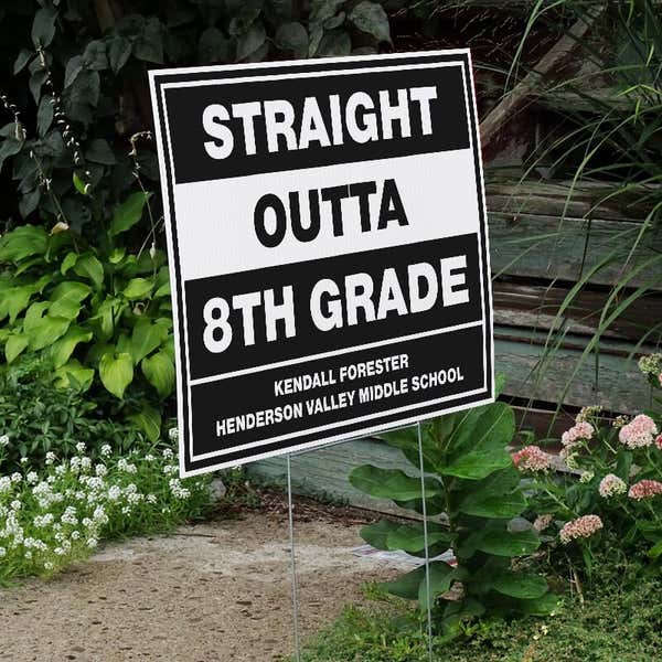 Straight Outta 8th Grade Graduation Yard Sign Next to Stairs
