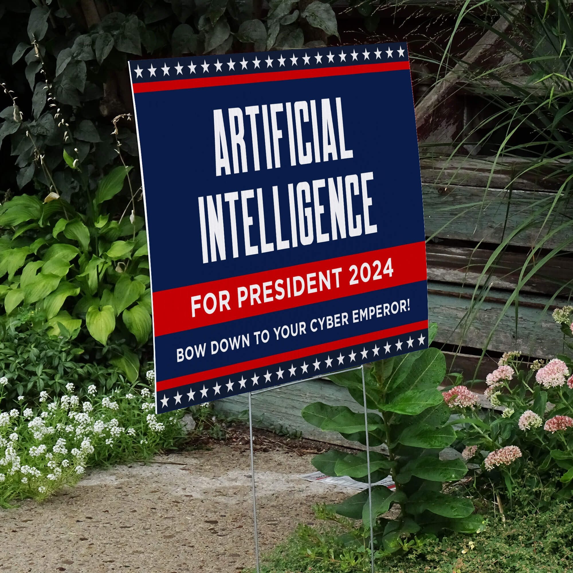 Artificial Intelligence For President Yard Sign Next to Stairs