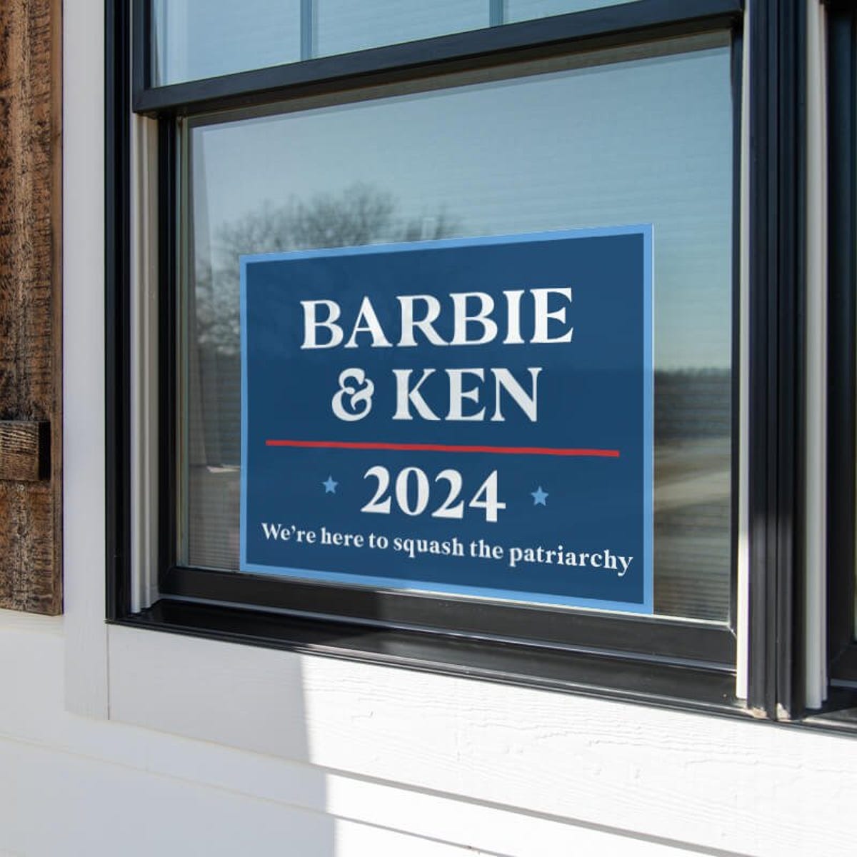 Barbie and Ken Funny Political Yard Sign in a Window