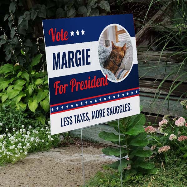 Custom Circle Photo Funny Political Yard Sign Next to Stairs