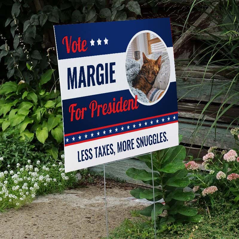 Custom Circle Photo Funny Political Yard Sign Next to Stairs