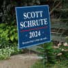 Scott Schrute Funny Political Yard Sign Next to Stairs