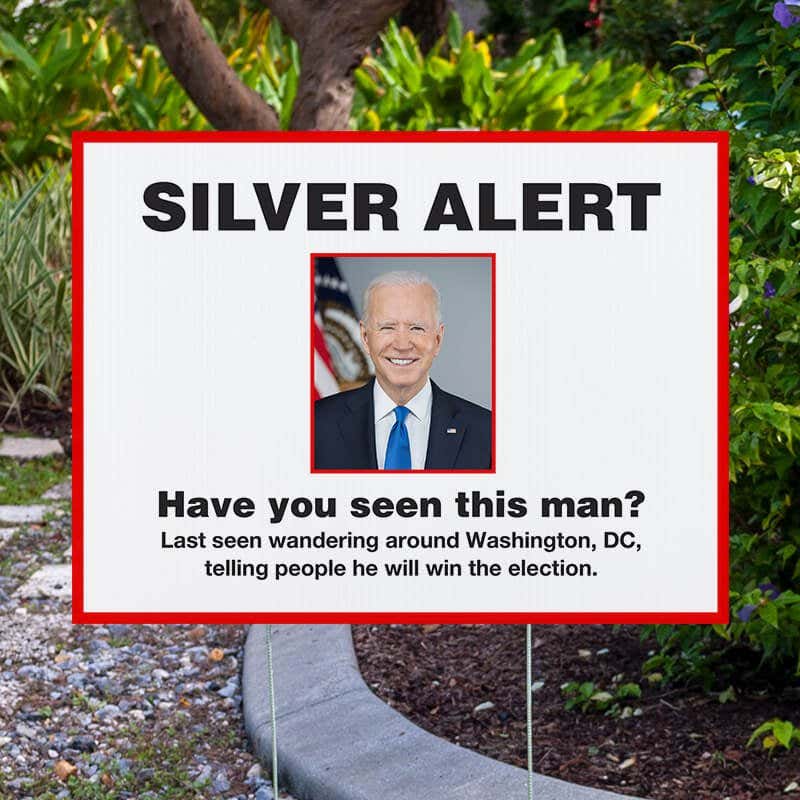 Silver Alert Funny Political Yard Sign Next to Pavement