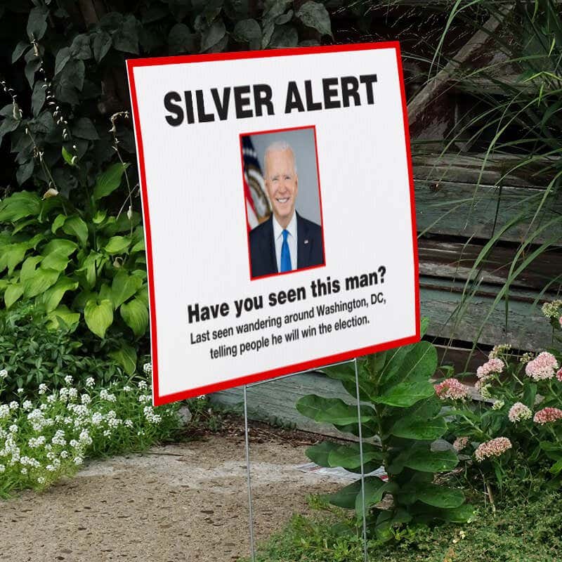 Silver Alert Funny Political Yard Sign Next to Stairs