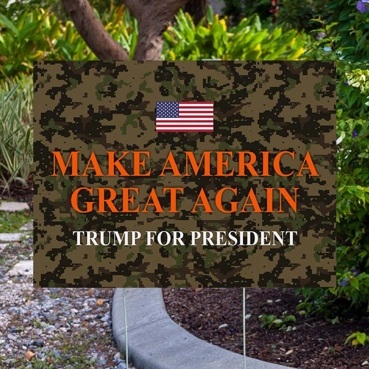 Camo MAGA Trump Yard Sign Next to Pavement
