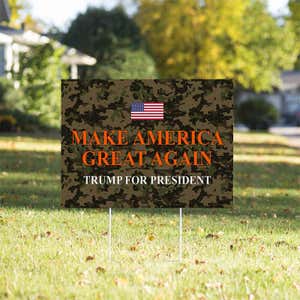 Camo MAGA Trump Yard Sign in a Sunny Yard