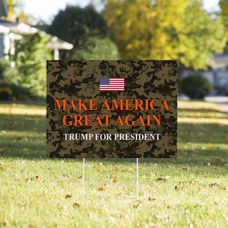 Camo MAGA Trump Yard Sign in a Sunny Yard