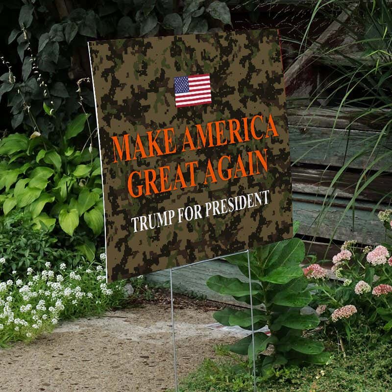 Camo MAGA Trump Yard Sign Next to Stairs
