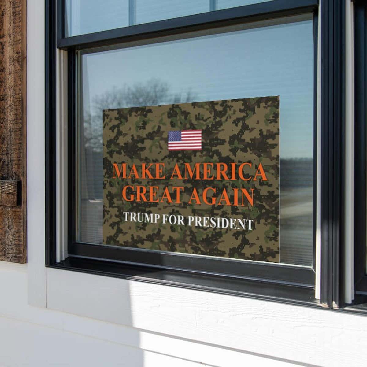Camo MAGA Trump Yard Sign in a Window