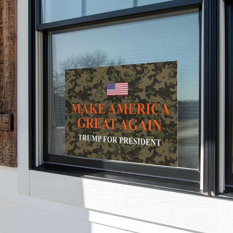 Camo MAGA Trump Yard Sign in a Window