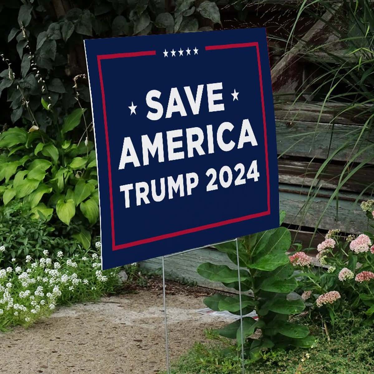 Save America Trump Yard Sign Next to Stairs