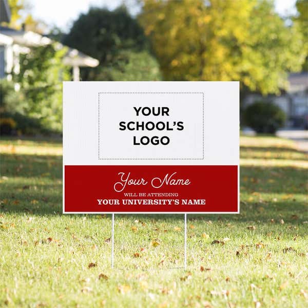 College Bound with School Logo Graduation Yard Sign in a sunny yard