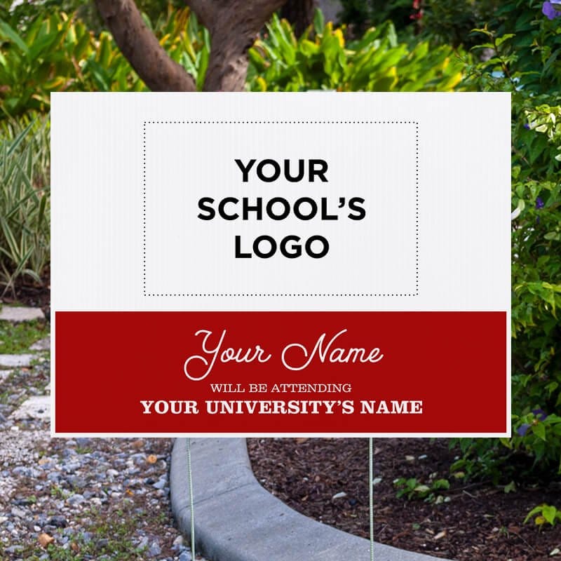 College Bound with School Logo Graduation Yard Sign next to pavement